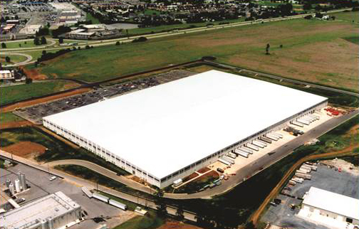 An aerial view of a large warehouse.